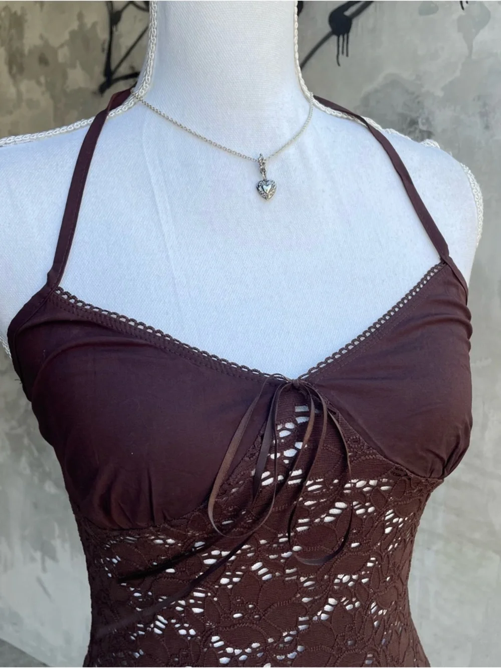 Vintage y2k Brown Floral Lace Sheer Halter Top